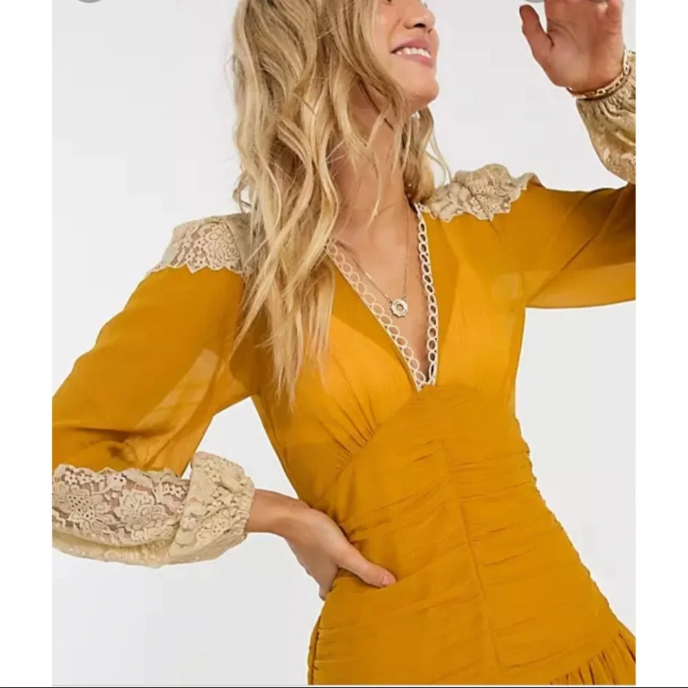 ASOS Mustard Yellow Saffron Chiffon Boho Lace Crochet Ruched Mini Dress - Picture 10 of 13